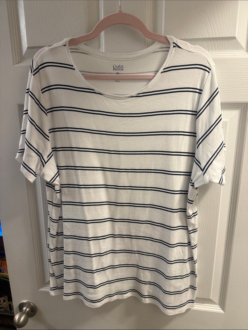 croft & barrow White Tee with Navy Stripes - Short Sleeve